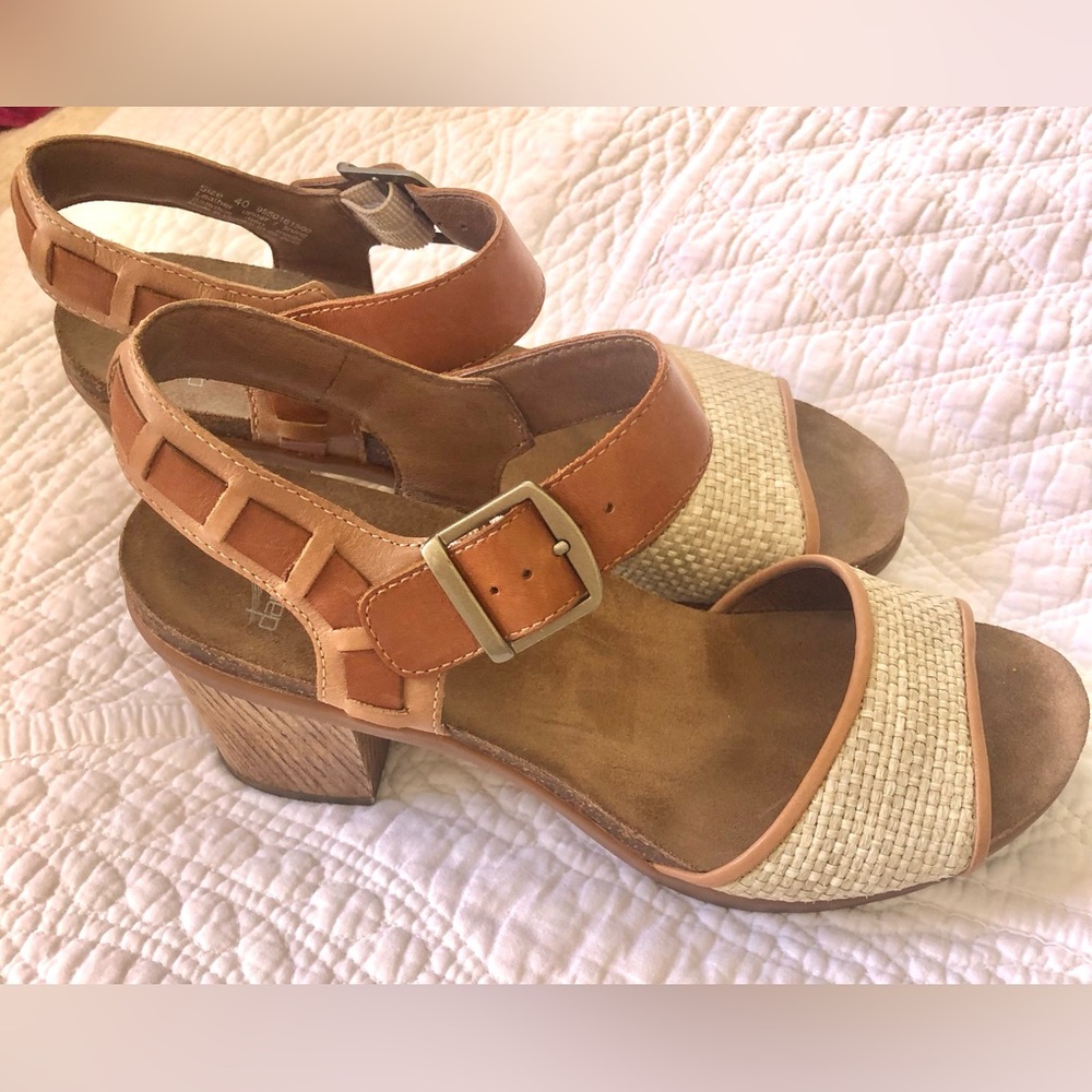 DANSKO Women's Tan Leather and Woven Block Heel  “Debby” Sandals